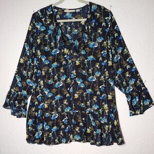 Sejour Sheer Blouse Top Women Sz 18 Blue Floral Tunic Flowy Feminine Ruffle